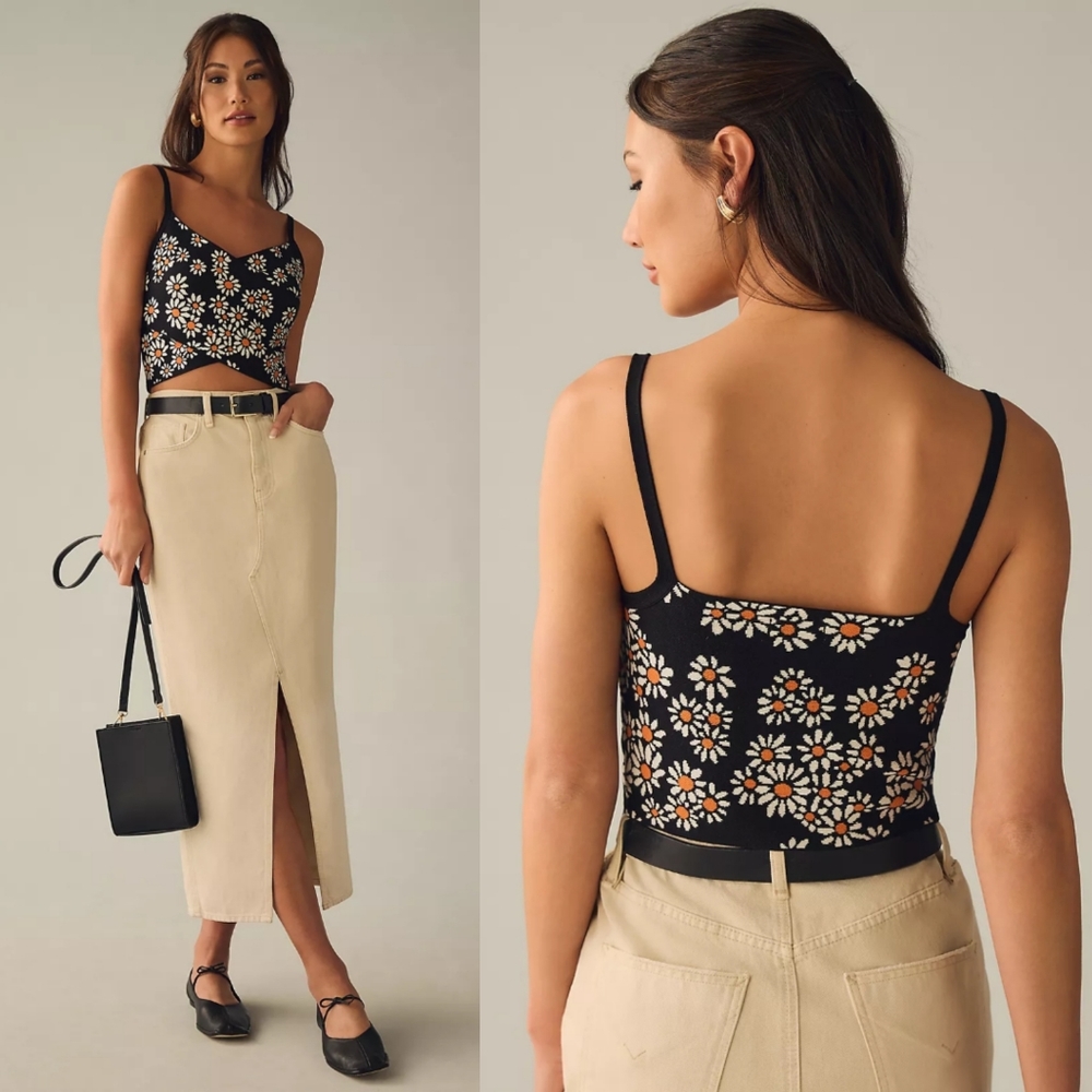 Anthropologie Maeve Daisy Print Criss-Cross Sweaters Tank Coachella Stagecoach